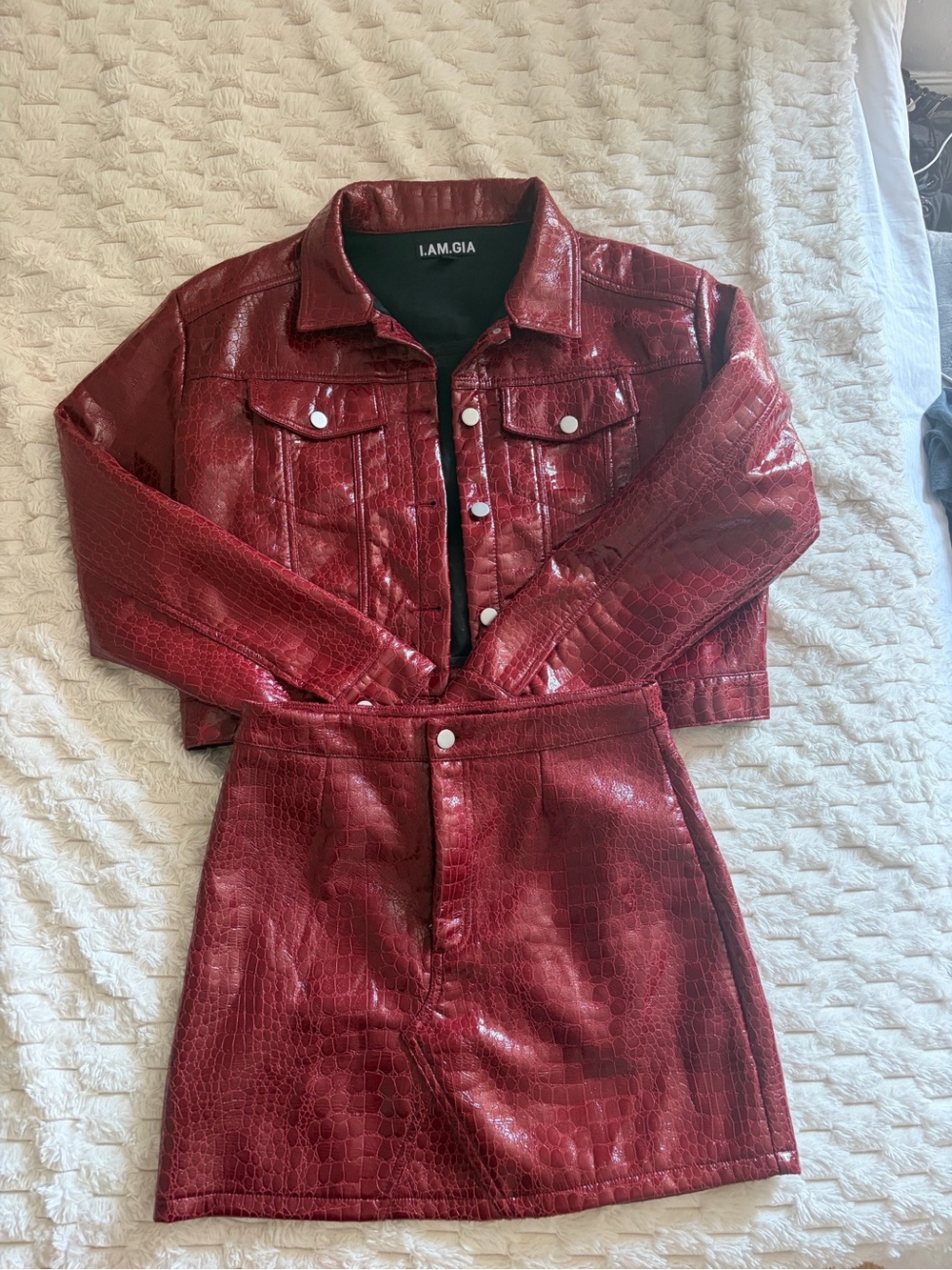 I.AM.GIA Shiny Croc-Embossed Red Vegan Leather Jacket & Mini Skirt